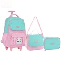 Kit Escolar 3 em 1 Mochila Gatinho fofo com Rodinhas Bolsa Tiracolo Estojo Feminina Volta às Aulas