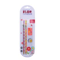 Kit Escolar 4 peças FLORAL 2 Lapis 1 Borracha 1 Apontador Kit Escolar 4 peças FLORAL 2 Lapis 1 Borracha 1 Apontador