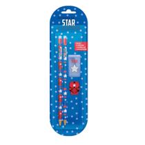 Kit Escolar 4 peças Menino STAR 2 Lapis 1 Borracha 1 Apontador Kit Escolar 4 peças Menino STAR 2 Lapis 1 Borracha 1 Apontador
