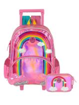 Kit Escolar Arco-Íris Mochila Rodas Costas + Estojo Box