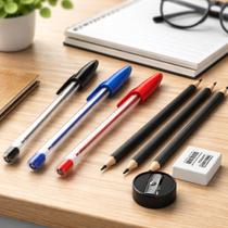 Kit Escolar Básico Lápis Caneta Borracha e Apontador Fundamental