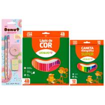 Kit Escolar Basico Lapis De Cor + Lapis Tematico + Canetinha - Leo e Leo