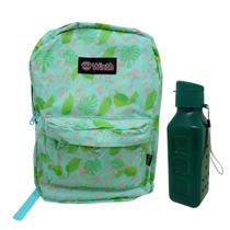 Kit Escolar Básico Mochila Costas Verde Floral Garrafa 600