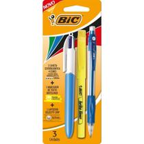 Kit Escolar BIC Caneta 4 Cores + Marca Texto + Lapiseira 0.7MM - Blister com 3 Unidades