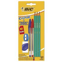 Kit Escolar BIC com 3 Lápis Pretos 2 Canetas BIC Cristal Apontador e Borracha - BT 1 UM