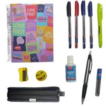 Kit Escolar Caderno 10 Materias + Lapiseira Estojo Universitário c 12 Acessórios Kit Escolar Caderno 10 Materias + Lapiseira Estojo Universitário c 12 Acessórios