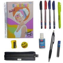 Kit Escolar Caderno 10 Materias + Lapiseira Estojo Universitário c 12 Acessórios