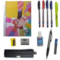 Kit Escolar Caderno + Lapiseira Estojo Universitário c 12 Acessórios