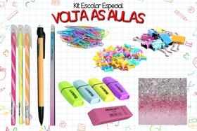 Kit Escolar Candy Tons Pastéis - Lápis Caneta Lapiseira Clips Marca Texto Borracha Bloco de Notas