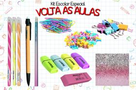 Kit Escolar Candy Tons Pastéis - Lápis Caneta Lapiseira Clips Marca Texto Borracha Bloco de Notas Kit Escolar Candy Tons Pastéis - Lápis Caneta Lapiseira Clips Marca Texto Borracha Bloco de Notas