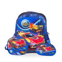 Kit Escolar Carros Racing Mochila Lancheira e Estojo Estampa Radical Juvenil