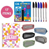 Kit Escolar com 17 Itens Caneta Estojo Caderno Conjunto Aula Colorido Lápis Borracha Apontador Cola