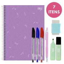 Kit Escolar com 7 Itens Canetas Caderno Lapiseira Borracha Marca Texto Colorido Conjunto Aula
