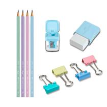 Kit escolar com lápis + apontador + borracha + marca texto Faber-Castell, escolha a cor