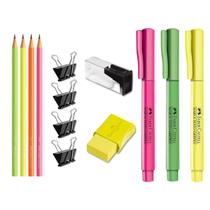 Kit escolar com lápis + apontador + borracha + marca texto Faber-Castell, escolha a cor