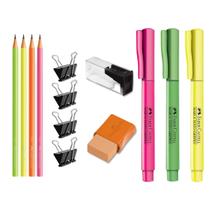 Kit escolar com lápis + apontador + borracha + marca texto Faber-Castell, escolha a cor