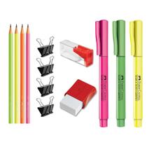 Kit escolar com lápis + apontador + borracha + marca texto Faber-Castell, escolha a cor
