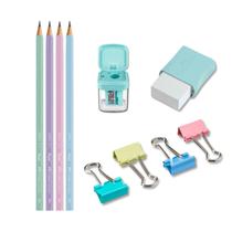 Kit escolar com lápis + apontador + borracha + marca texto Faber-Castell, escolha a cor