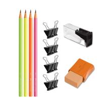 Kit escolar com lápis + apontador + borracha + marca texto Faber-Castell, escolha a cor