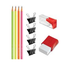 Kit escolar com lápis + apontador + borracha + marca texto Faber-Castell, escolha a cor
