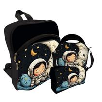 Kit Escolar com Mochila + Bolsa Lancheira + Nécessaire Estojo Plus - Astronauta Lua