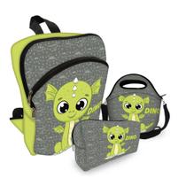 Kit Escolar com Mochila + Bolsa Lancheira + Nécessaire Estojo Plus - Dino