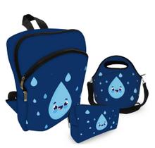 Kit Escolar com Mochila + Bolsa Lancheira + Nécessaire Estojo Plus - Elemento Gota