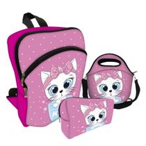 Kit Escolar com Mochila + Bolsa Lancheira + Nécessaire Estojo Plus - Gatinha