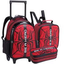 Kit Escolar com Mochila de Rodas Lancheira Térmica Estojo Box Grande Material Reforçado Estampa Personagem Herói para Criança Meninos Infantil