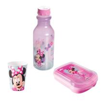 Kit Escolar Copo Lancheira Garrafa Copo E Sanduicheira Minnie Mouse Rosa Claro - Plasutil