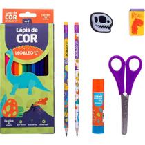 Kit Escolar Dino com 12 Lápis de COR e 6 Peças Blister