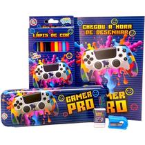 Kit Escolar Dino/gamer Para Colorir Com Estojo Metálico Sortido