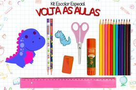 Kit Escolar Dinossauro 19 peças: Lápis Apontador Tesoura Borracha Cola Lápis Colorido Régua Kit Escolar Dinossauro 19 peças: Lápis Apontador Tesoura Borracha Cola Lápis Colorido Régua