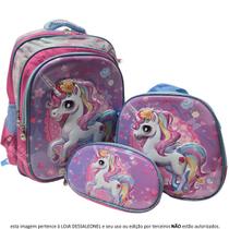 Kit Escolar Efeito 3D Mochila + Lancheira + Estojo Infantil Unicórnio Criança Menina Feminina Rosa Alto Relevo