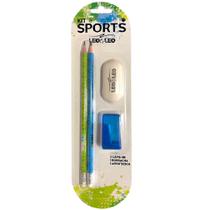 Kit escolar escrita sports 2 lapis hb apontador borracha - leonora