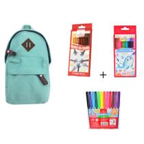 Kit Escolar Estojo Mini Mochila + 24 Lápis de Cor + 12 Canetinhas