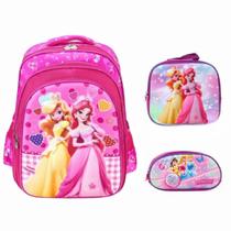 Kit Escolar Feminino Lancheira Mochila E Estojo Infantil Rosa Charmoso E Compacto Com Garantia