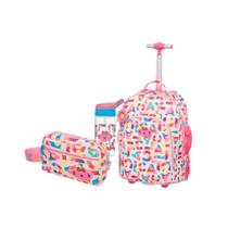 Kit Escolar Flowers Mochila Carrinho Tubo + Necessaire + Garrafa Tritan