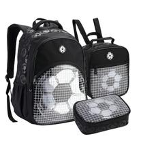 Kit Escolar Futebol Mochila de Costas Estojo Lancheira Térmica para Menino Criança Infantil Material Reforçado Acolchoado Aula Estudo