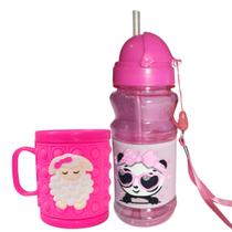 Kit Escolar Garrafa E Caneca 3d Plástica Infantil Canudo Silicone