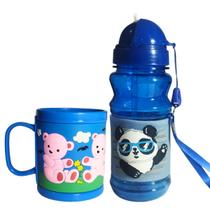 Kit Escolar Garrafa E Caneca 3d Plástica Infantil Canudo Silicone