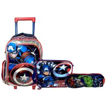 Kit Escolar Herói Capitão América Vingadores Marvel : Mochila Rodinhas + Lancheira Térmica + Estojo