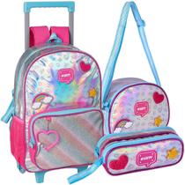 Kit Escolar Holográfico Infantil Mochila de Rodinhas Lancheira Térmica Estojo Compartimento Duplo Material Resistente Meninas