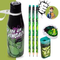 Kit Escolar Hulk Avengers Lápis Borracha Apontador + Copo 530ml Plasútil Hulk Vingadores Infantil Ensino Fundamental 6pc