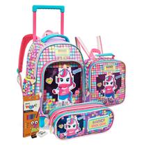 Kit Escolar Infantil Completo P/ Meninas Mochila de Rodinhas Lancheira Térmica Estojo Material Lápis de Cor Borracha Apontador Feminino
