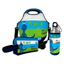 Kit Escolar Infantil Lancheira Térmica + Necessaire Plus + Squeeze de Alumínio ISOPRENE T-Rex