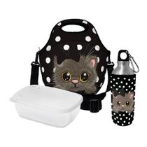 Kit Escolar Infantil Lancheira Térmica + Pote Marmita + Squeeze de Alumínio ISOPRENE Gatinho Poá