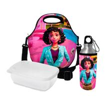 Kit Escolar Infantil Lancheira Térmica + Pote Marmita + Squeeze de Alumínio ISOPRENE Menina Morena Glamour