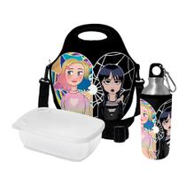 Kit Escolar Infantil Lancheira Térmica + Pote Marmita + Squeeze de Alumínio ISOPRENE Meninas Lobo e Gótica
