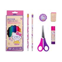 Kit Escolar Infantil Lapis De Cor 12 Cores Hello Kitty Kit C/6 Peças LEO&LEO